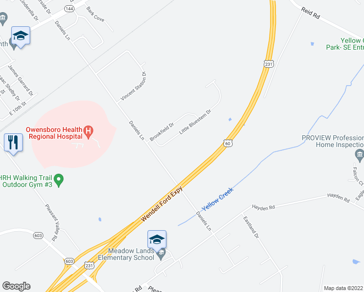 map of restaurants, bars, coffee shops, grocery stores, and more near 1639 Daniels Lane in Owensboro