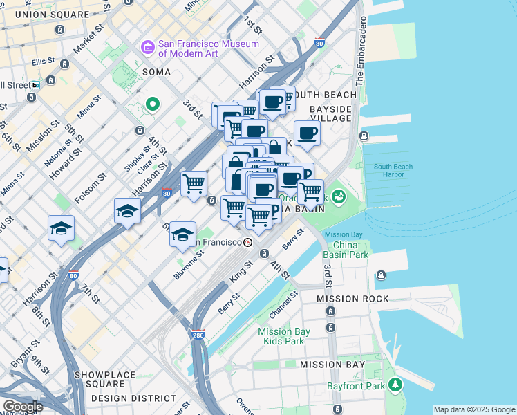 map of restaurants, bars, coffee shops, grocery stores, and more near 411 Brannan Street in San Francisco