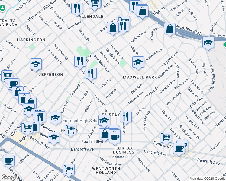 map of restaurants, bars, coffee shops, grocery stores, and more near 2440 Fern Street in Oakland
