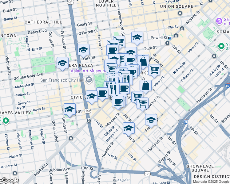 map of restaurants, bars, coffee shops, grocery stores, and more near 1234 Market Street in San Francisco