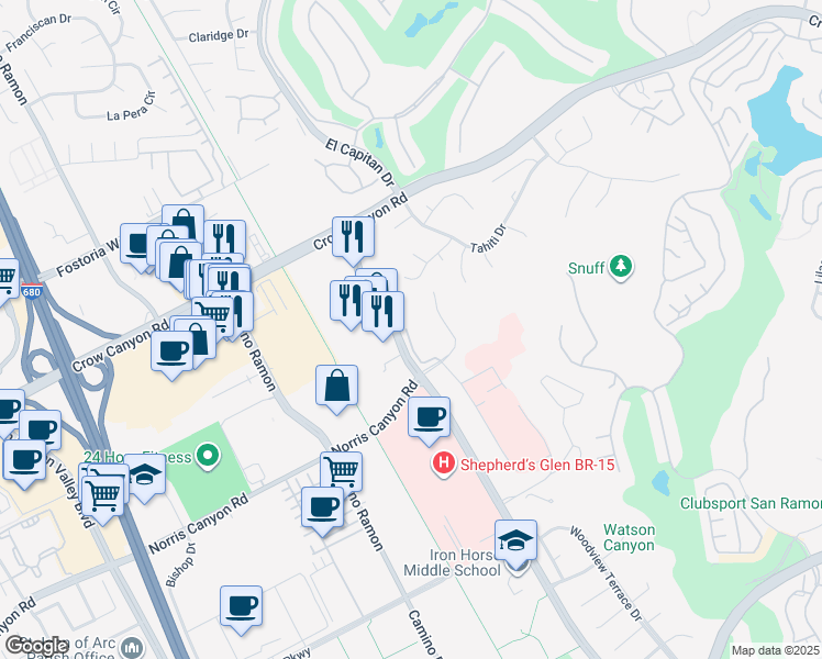 map of restaurants, bars, coffee shops, grocery stores, and more near 100 Norris Canyon Place in San Ramon