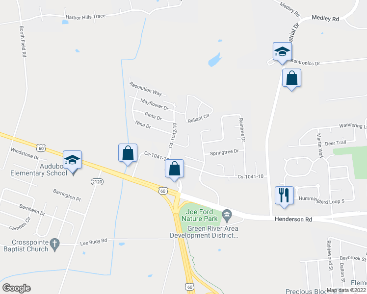 map of restaurants, bars, coffee shops, grocery stores, and more near 121 Santa Maria Drive in Owensboro