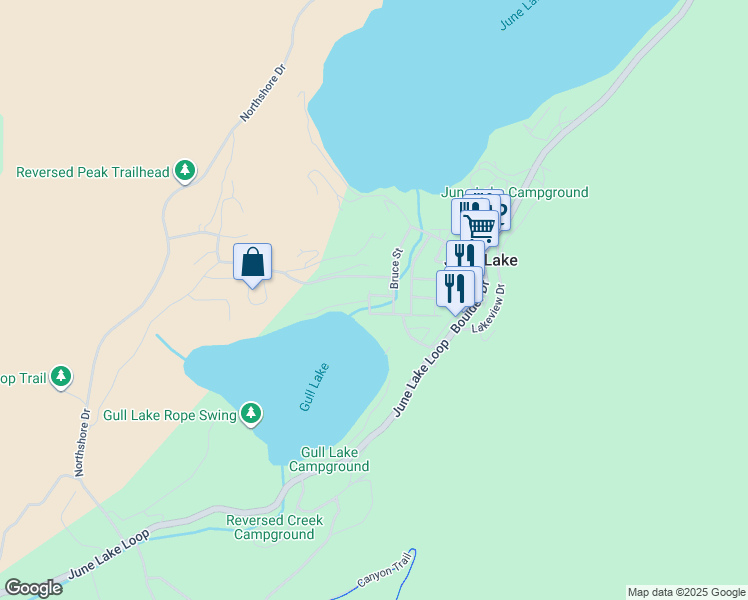 map of restaurants, bars, coffee shops, grocery stores, and more near 102 Granite Avenue in June Lake