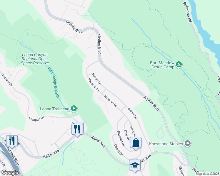 map of restaurants, bars, coffee shops, grocery stores, and more near 7698 Surrey Lane in Oakland