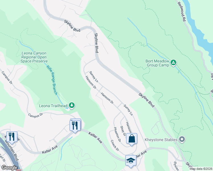 map of restaurants, bars, coffee shops, grocery stores, and more near 7698 Surrey Lane in Oakland