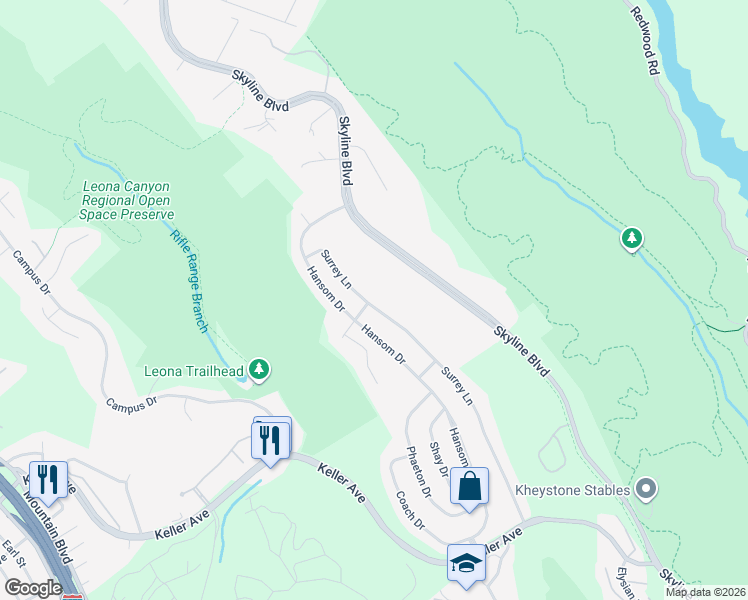 map of restaurants, bars, coffee shops, grocery stores, and more near 7698 Surrey Lane in Oakland