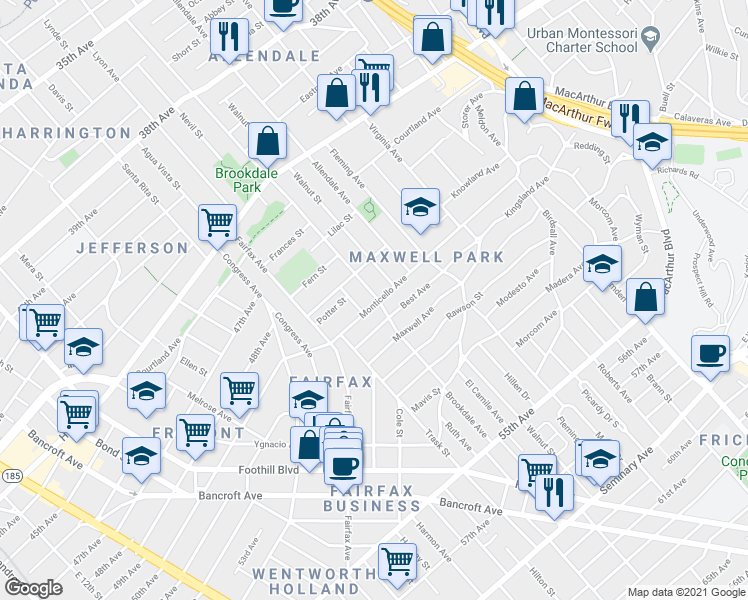 map of restaurants, bars, coffee shops, grocery stores, and more near 4851 Walnut Street in Oakland