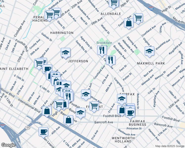 map of restaurants, bars, coffee shops, grocery stores, and more near in Oakland