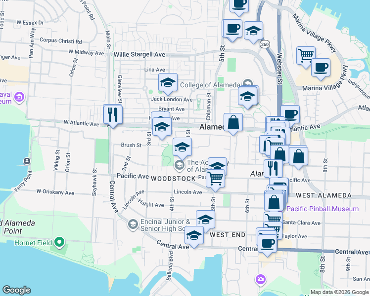 map of restaurants, bars, coffee shops, grocery stores, and more near 435 Buena Vista Avenue in Alameda