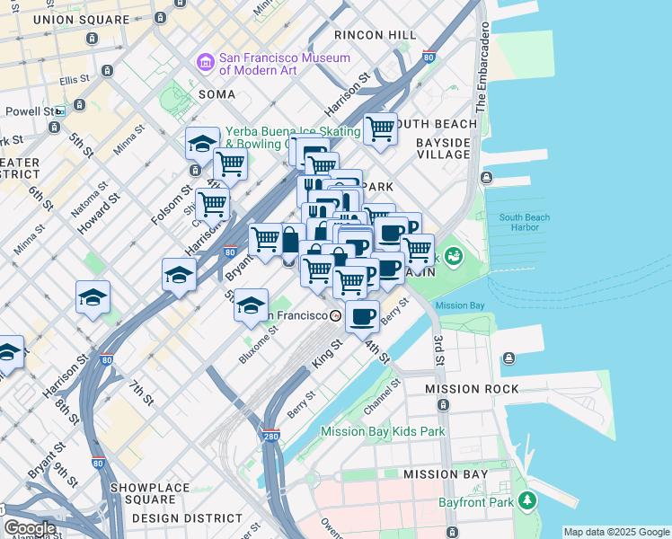 map of restaurants, bars, coffee shops, grocery stores, and more near 475 Brannan Street in San Francisco