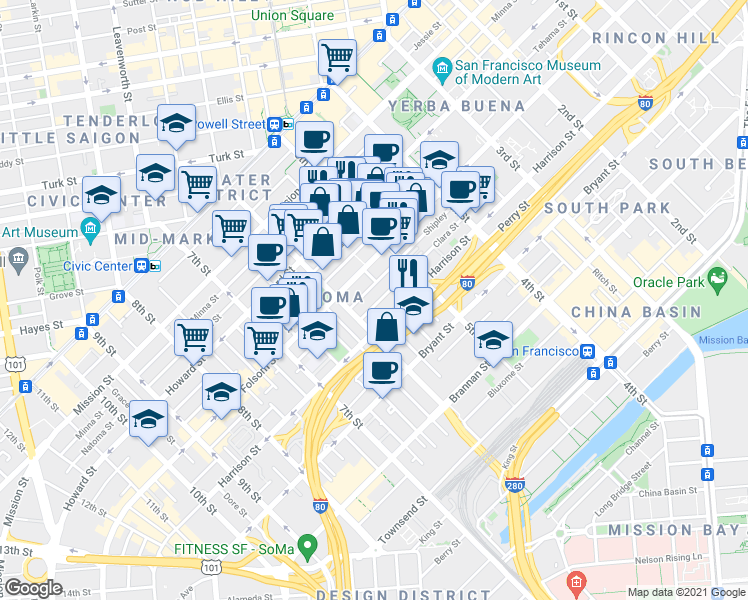 map of restaurants, bars, coffee shops, grocery stores, and more near 965 Folsom Street in San Francisco