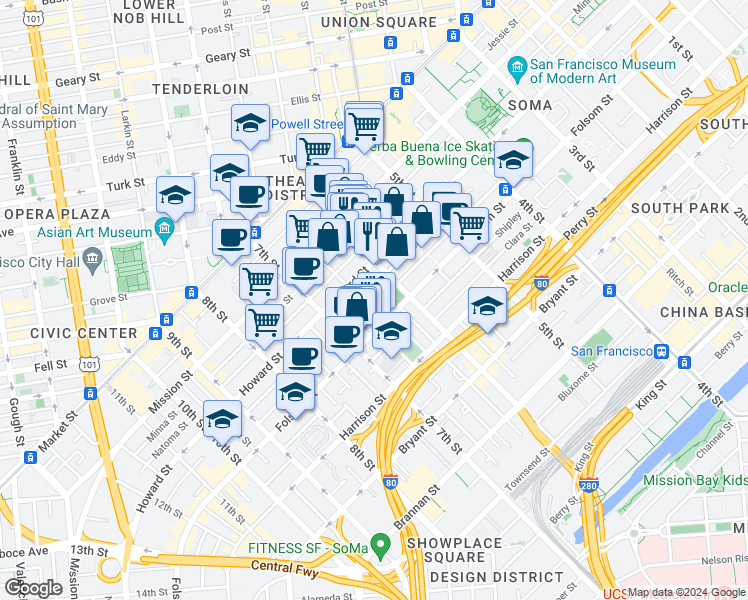 map of restaurants, bars, coffee shops, grocery stores, and more near 2 Harriet Street in San Francisco