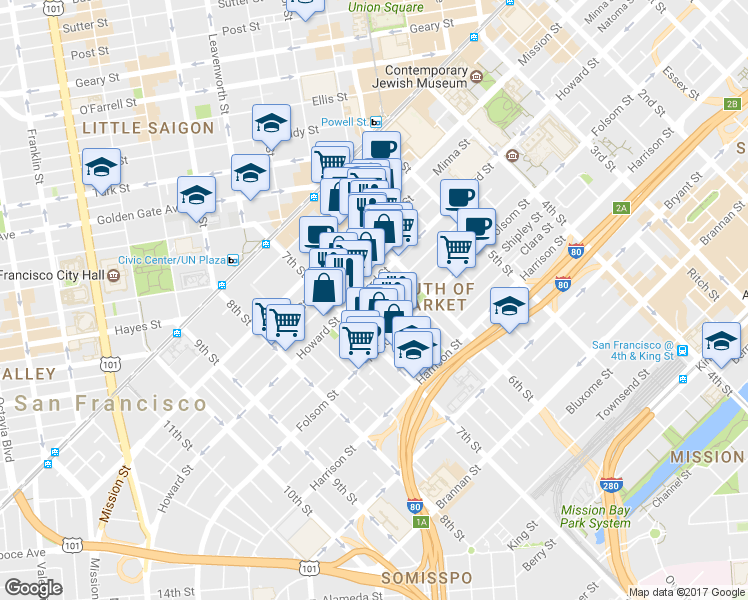 map of restaurants, bars, coffee shops, grocery stores, and more near 2 Harriet Street in San Francisco