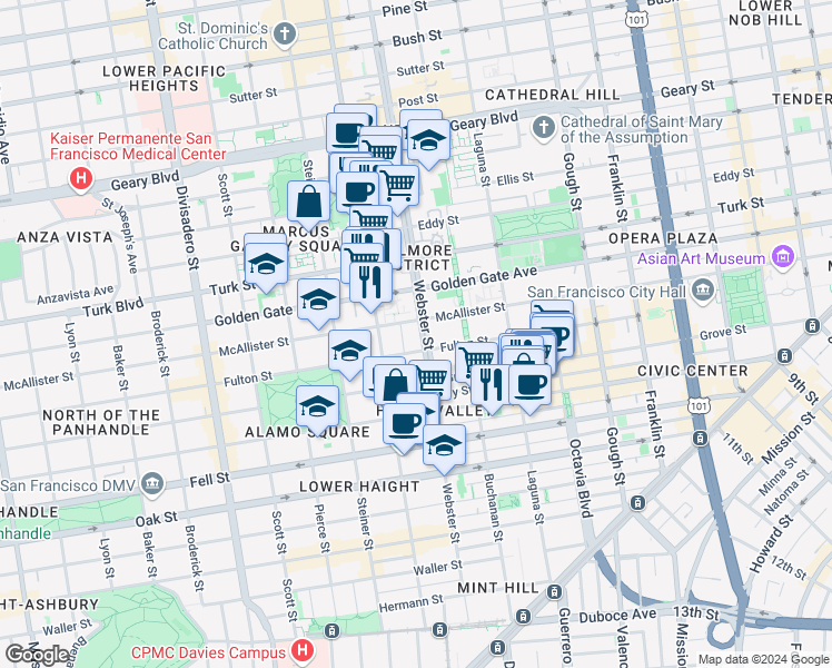 map of restaurants, bars, coffee shops, grocery stores, and more near 1050 McAllister Street in San Francisco
