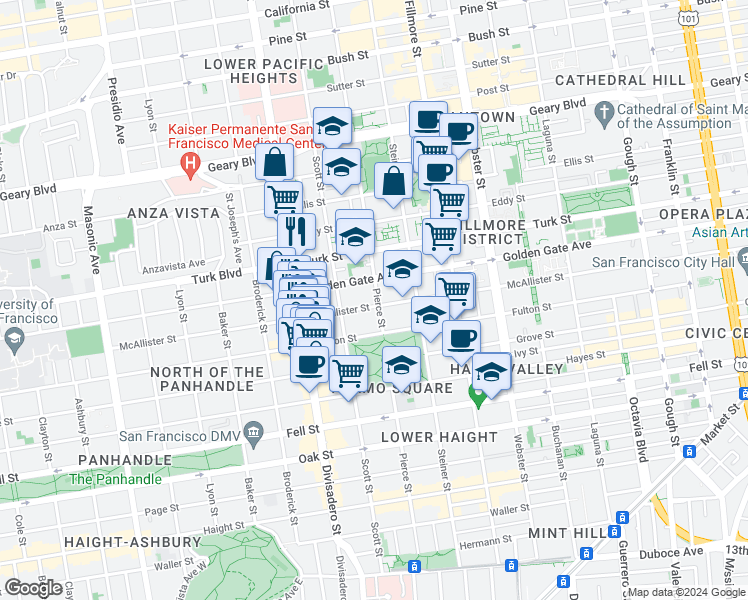 map of restaurants, bars, coffee shops, grocery stores, and more near 1513 Golden Gate Avenue in San Francisco