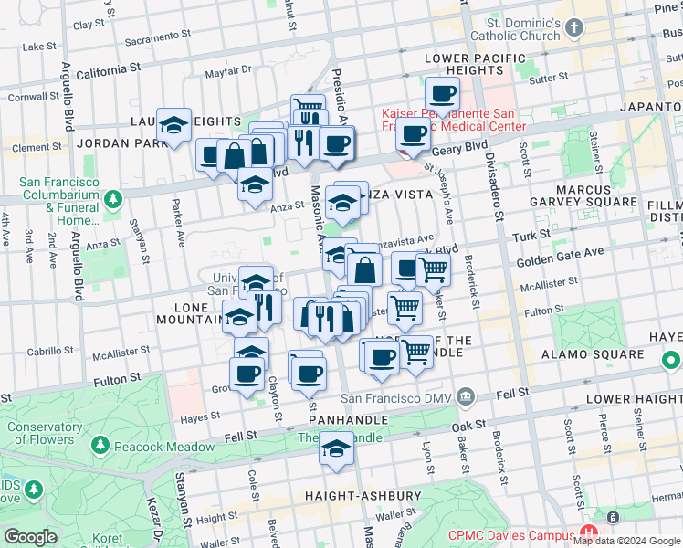 map of restaurants, bars, coffee shops, grocery stores, and more near 270 Masonic Avenue in San Francisco