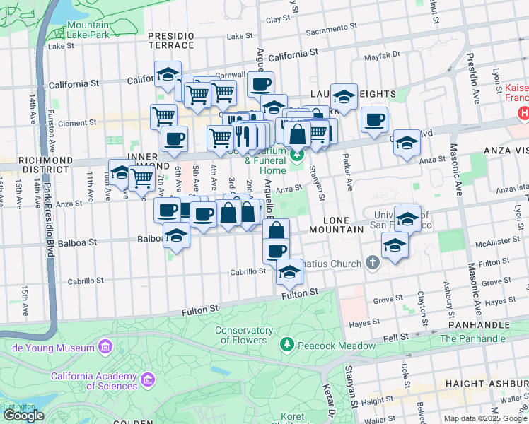 map of restaurants, bars, coffee shops, grocery stores, and more near 600 Arguello Boulevard in San Francisco