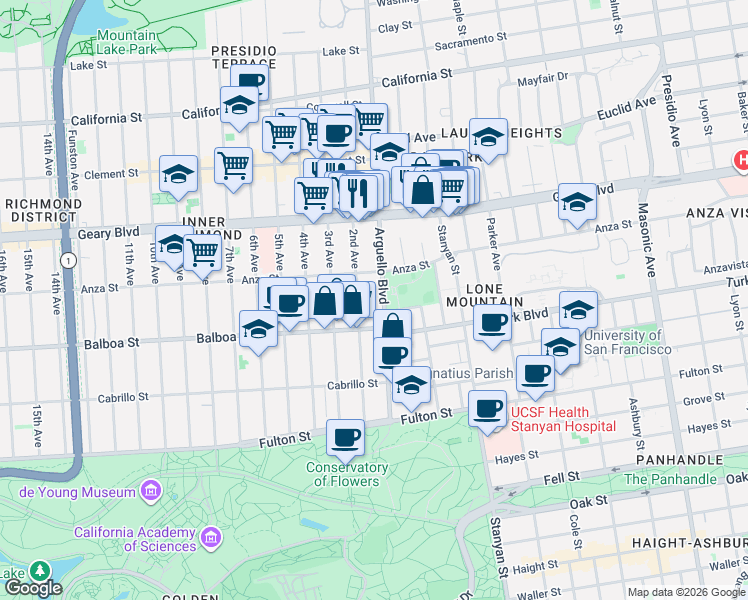 map of restaurants, bars, coffee shops, grocery stores, and more near 600 Arguello Boulevard in San Francisco
