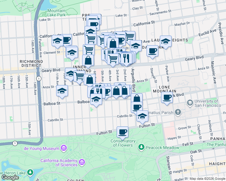 map of restaurants, bars, coffee shops, grocery stores, and more near 1227 Anza Street in San Francisco