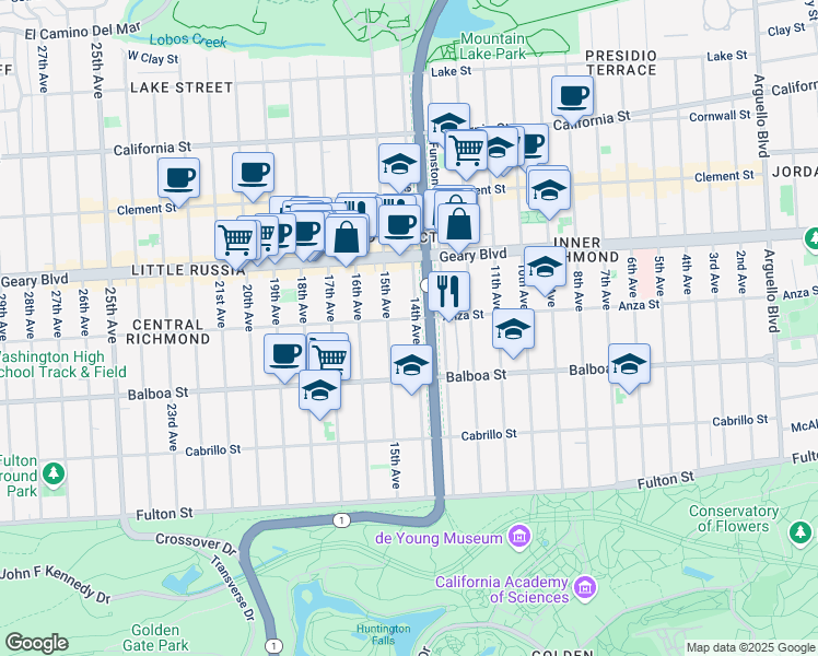 map of restaurants, bars, coffee shops, grocery stores, and more near 486 15th Avenue in San Francisco