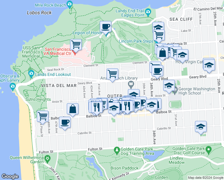 map of restaurants, bars, coffee shops, grocery stores, and more near 7555 Geary Boulevard in San Francisco