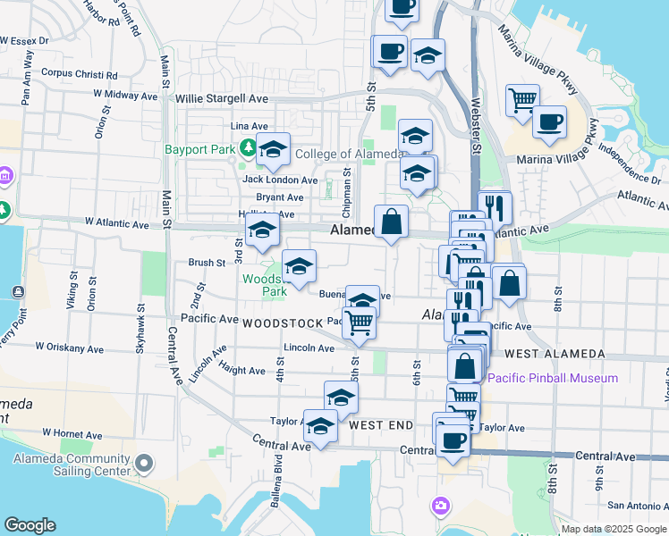 map of restaurants, bars, coffee shops, grocery stores, and more near 1826 Poggi Street in Alameda