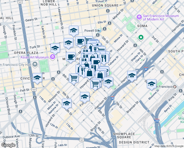 map of restaurants, bars, coffee shops, grocery stores, and more near 563 Natoma Street in San Francisco