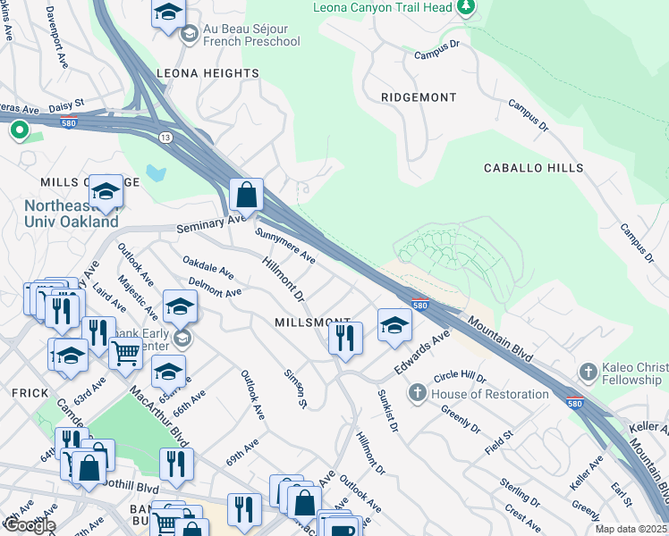 map of restaurants, bars, coffee shops, grocery stores, and more near 6440 Sunnymere Avenue in Oakland