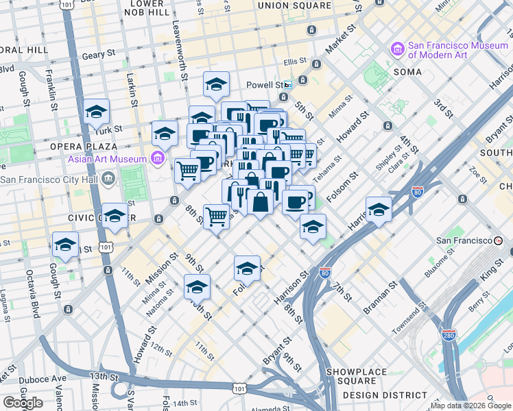 map of restaurants, bars, coffee shops, grocery stores, and more near 7th St & Natoma St in San Francisco