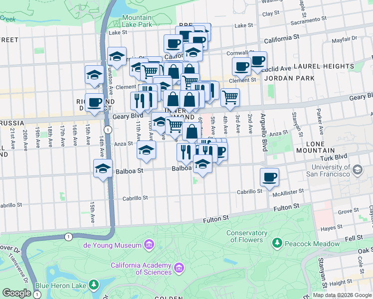 map of restaurants, bars, coffee shops, grocery stores, and more near 1653 Anza Street in San Francisco
