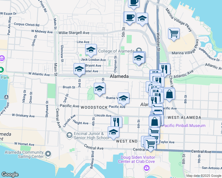 map of restaurants, bars, coffee shops, grocery stores, and more near 1826 Poggi Street in Alameda