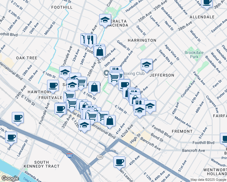 map of restaurants, bars, coffee shops, grocery stores, and more near 1864 38th Avenue in Oakland