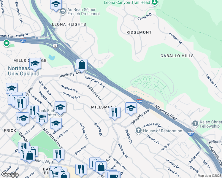 map of restaurants, bars, coffee shops, grocery stores, and more near 6440 Sunnymere Avenue in Oakland
