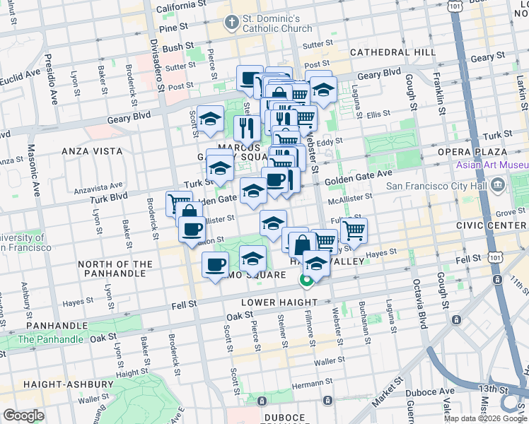map of restaurants, bars, coffee shops, grocery stores, and more near Steiner St & McAllister St in San Francisco