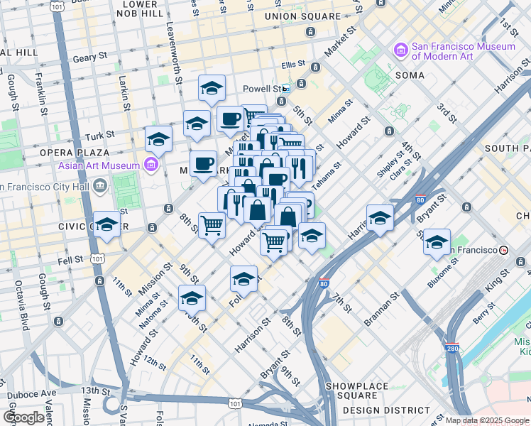 map of restaurants, bars, coffee shops, grocery stores, and more near 563 Natoma Street in San Francisco