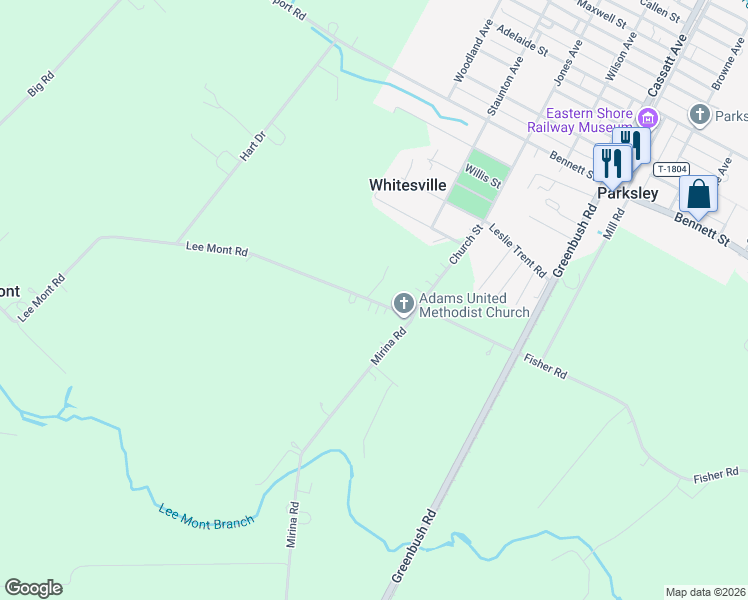 map of restaurants, bars, coffee shops, grocery stores, and more near 23491 Lee Mont Road in Parksley