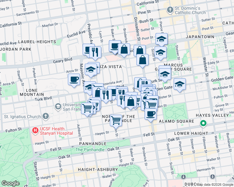 map of restaurants, bars, coffee shops, grocery stores, and more near 845 Baker Street in San Francisco