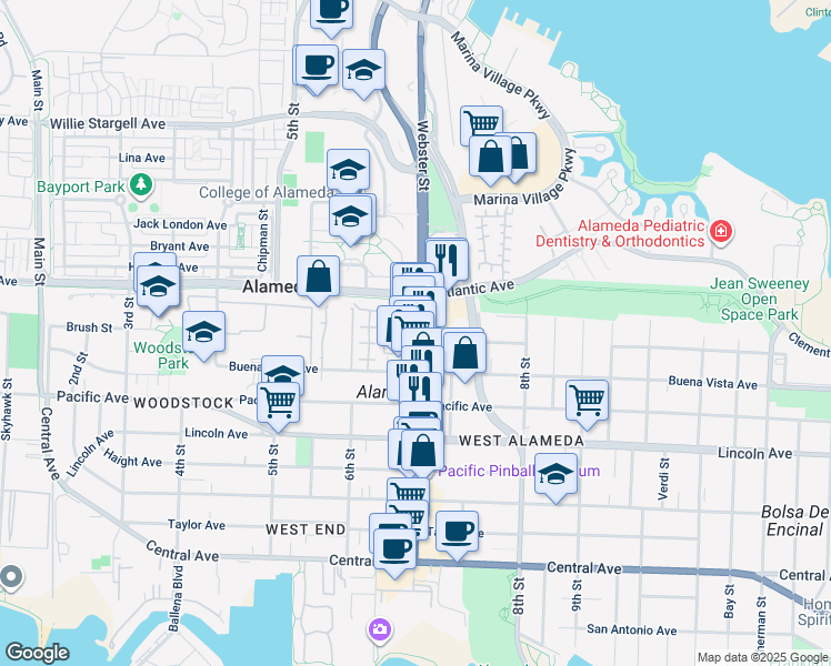 map of restaurants, bars, coffee shops, grocery stores, and more near 1919 Webster Street in Alameda
