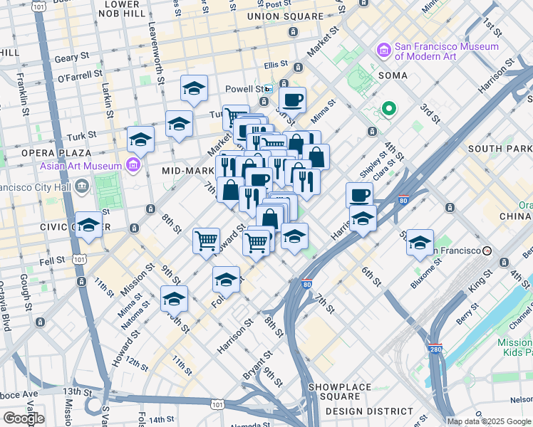 map of restaurants, bars, coffee shops, grocery stores, and more near 2 Harriet Street in San Francisco