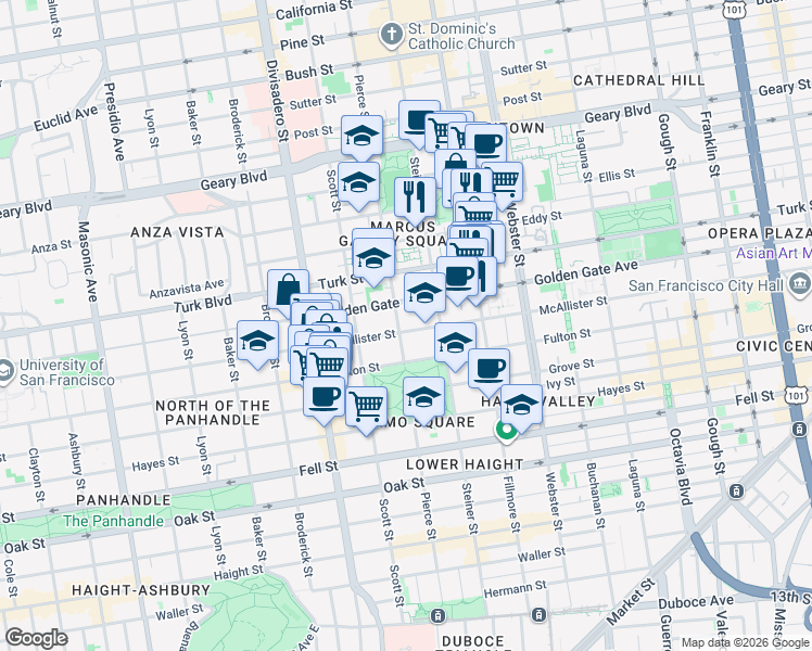 map of restaurants, bars, coffee shops, grocery stores, and more near 1384 McAllister Street in San Francisco