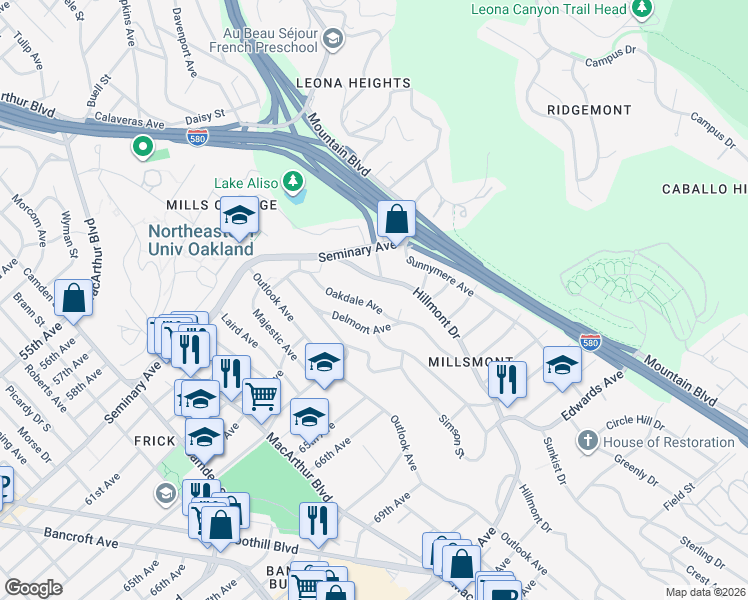 map of restaurants, bars, coffee shops, grocery stores, and more near 6208 Oakdale Avenue in Oakland