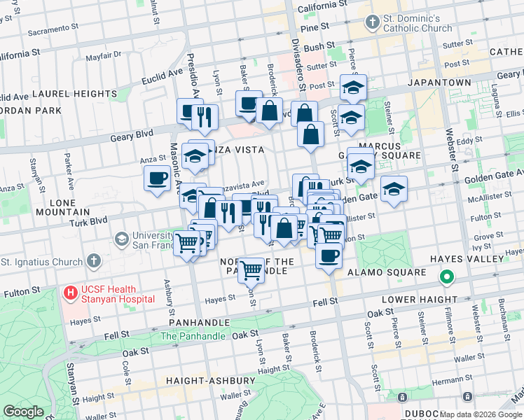 map of restaurants, bars, coffee shops, grocery stores, and more near 801 Baker Street in San Francisco