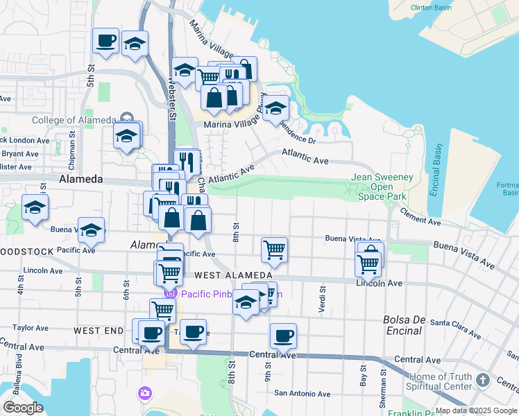 map of restaurants, bars, coffee shops, grocery stores, and more near 1842 Nason Street in Alameda