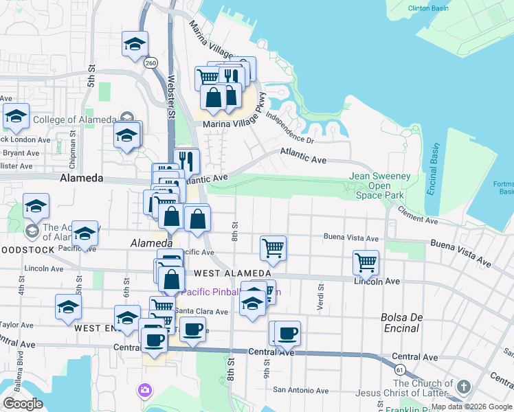 map of restaurants, bars, coffee shops, grocery stores, and more near 1842 Nason Street in Alameda