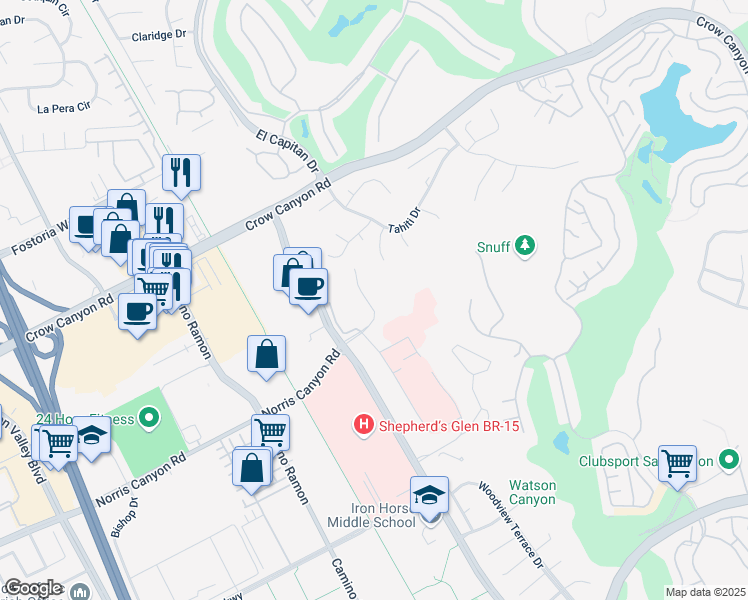 map of restaurants, bars, coffee shops, grocery stores, and more near 302 Norris Canyon Terrace in San Ramon