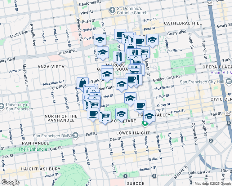 map of restaurants, bars, coffee shops, grocery stores, and more near 1392 McAllister Street in San Francisco