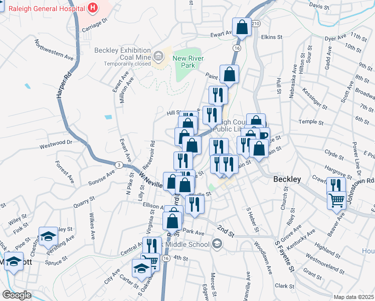 map of restaurants, bars, coffee shops, grocery stores, and more near 3013 Robert C Byrd Dr in Beckley