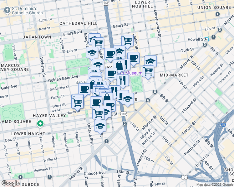 map of restaurants, bars, coffee shops, grocery stores, and more near 301 Van Ness Avenue in San Francisco