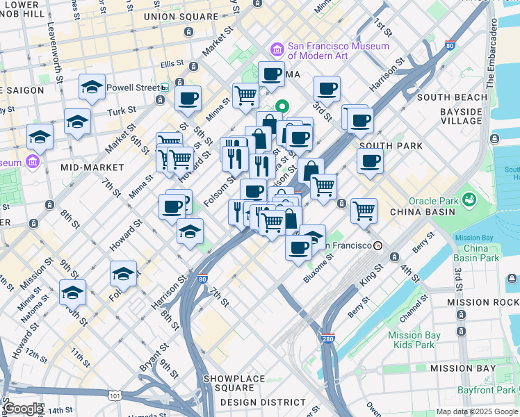 map of restaurants, bars, coffee shops, grocery stores, and more near 420 5th Street in San Francisco