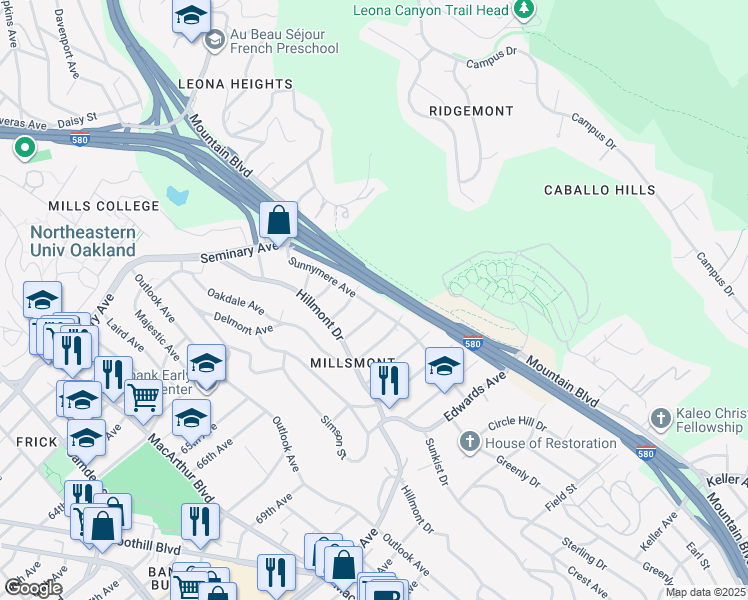 map of restaurants, bars, coffee shops, grocery stores, and more near 6432 Sunnymere Avenue in Oakland